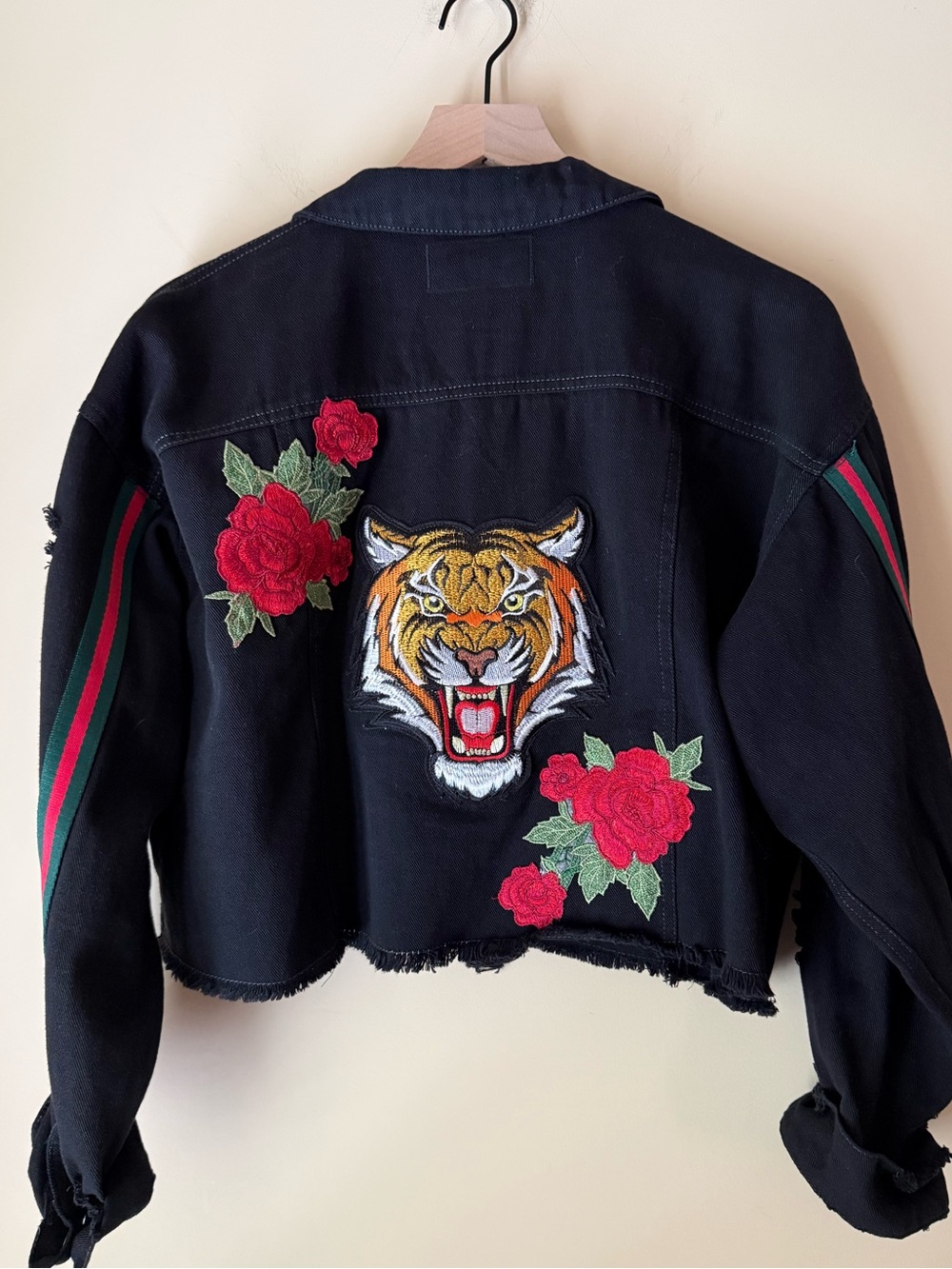 Tiger Rose Distressed Stripe Black Denim Jacket by Revel